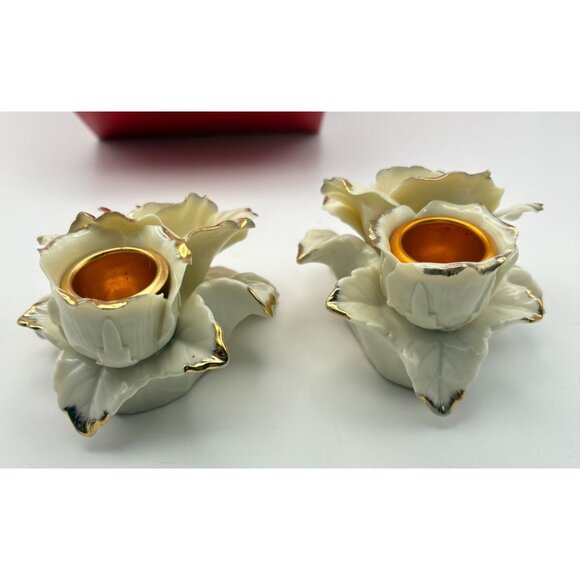 Avon Winter Rose Porcelain Candle Holders Vintage Christmas Rose Pair Gold Trim - Picture 6 of 12